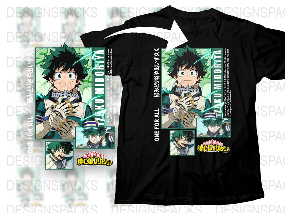 Anime Hero Graphic T-Shirt, Midoriya Izuku Print, Manga Inspired Tee, Unisex Black Cotton Shirt, Casual Cosplay Apparel, Fan Merchandise