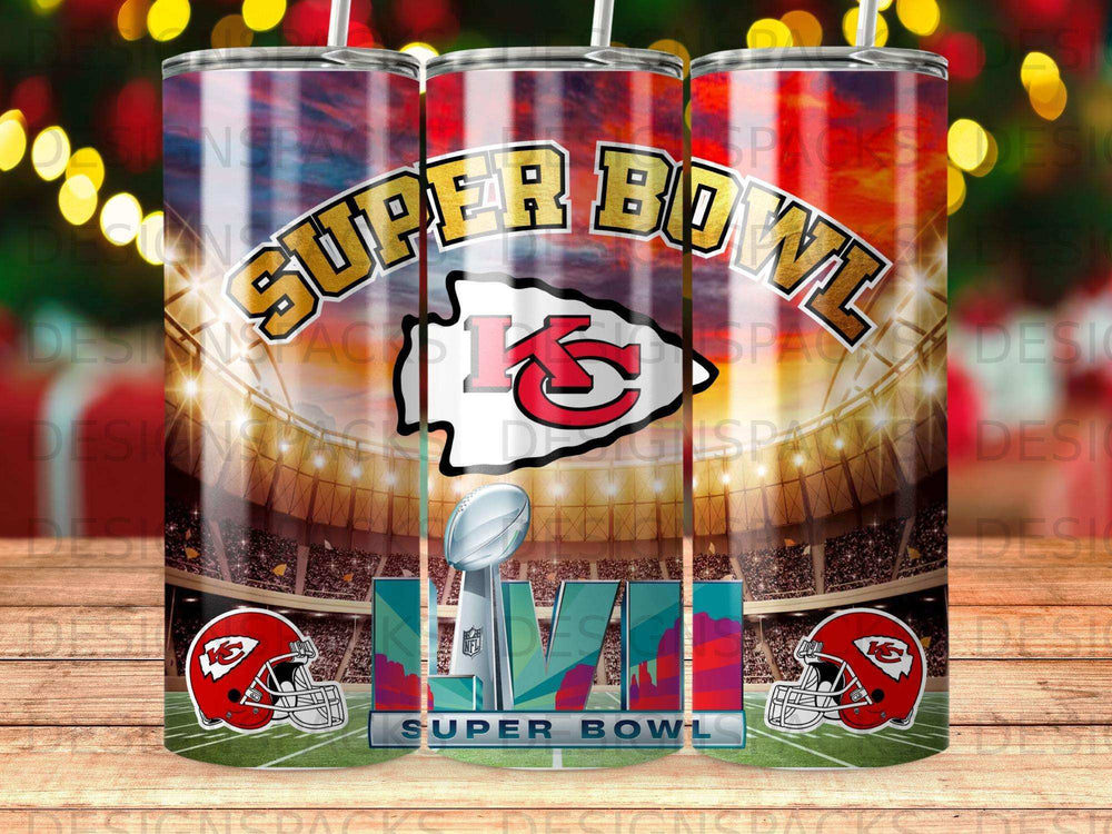 Kansas City Chiefs Super Bowl LVII tumbler with stadium and Lombardi Trophy.