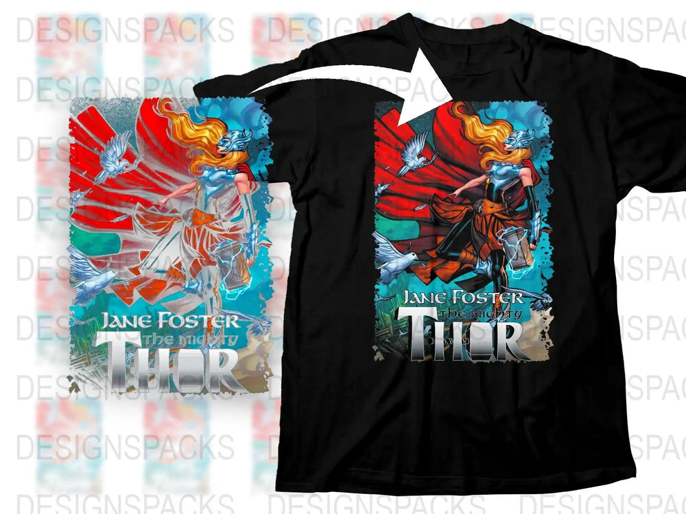 Jane Foster Mighty Thor t-shirt design with red cape and white doves, print-ready graphic