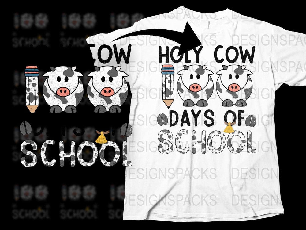 Holy Cow 100 Days of School T-Shirt, Cute Pig and Pencil Graphic Tee for Kids and Teachers