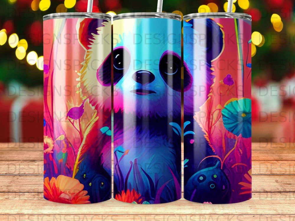 Colorful panda illustration with floral accents on a tumbler.