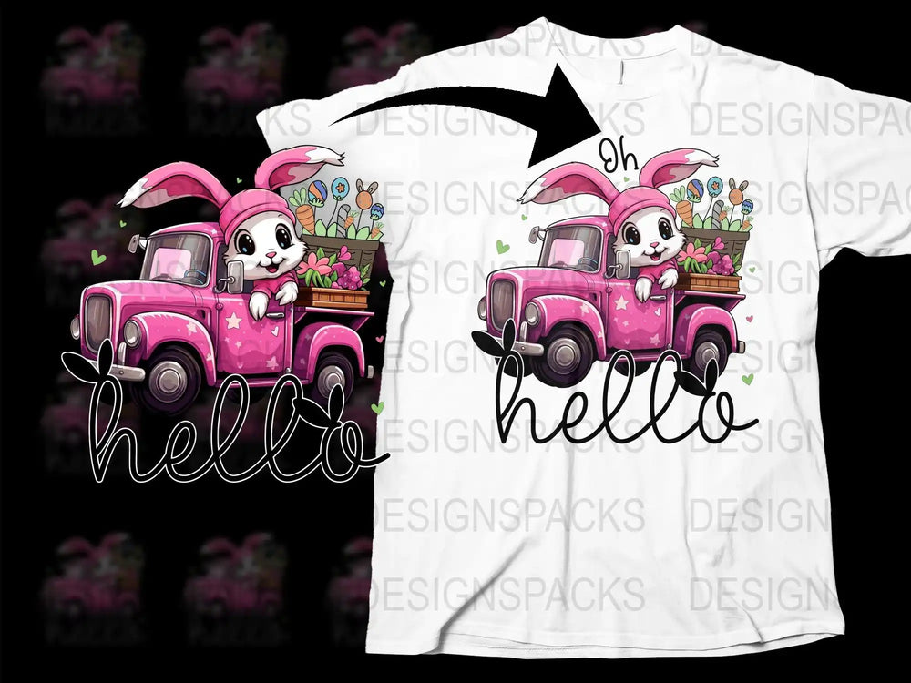 Cute bunny in pink truck with Easter eggs and flowers, 'Oh hello' text on white t-shirt design