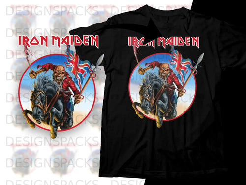 Iron Maiden graphic tee featuring a skeleton warrior on horseback with a sword and flag.