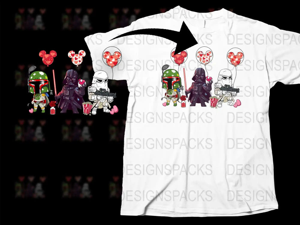 Valentine's Star Wars t-shirt design with Boba Fett, Darth Vader, Stormtrooper, heart balloons, popcorn, DTF/DTG ready
