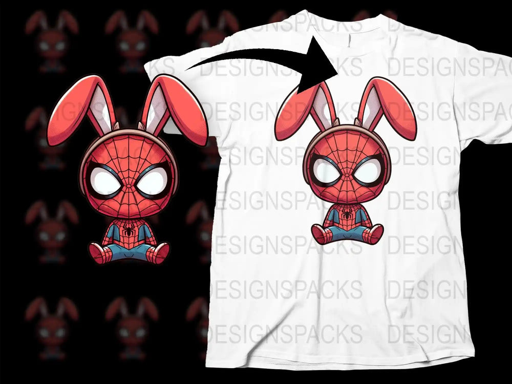 Cute Spider-Man bunny design on white t-shirt, perfect for DTF/DTG printing
