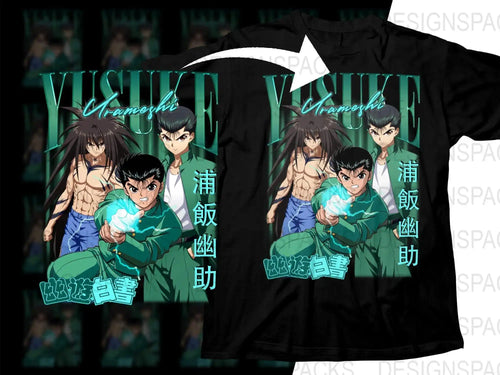 Yusuke Urameshi anime t-shirt design with green text and characters, print-ready for DTG/DTF