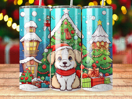 Cute dog wearing Santa hat and scarf by Christmas tree and presents.