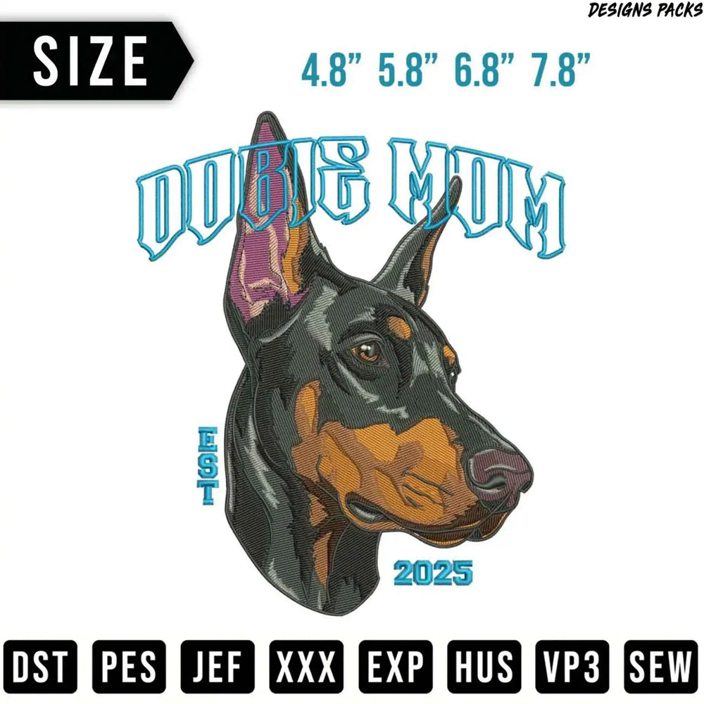 Doberman Pinscher head with "DOBIE MOM" and size options.