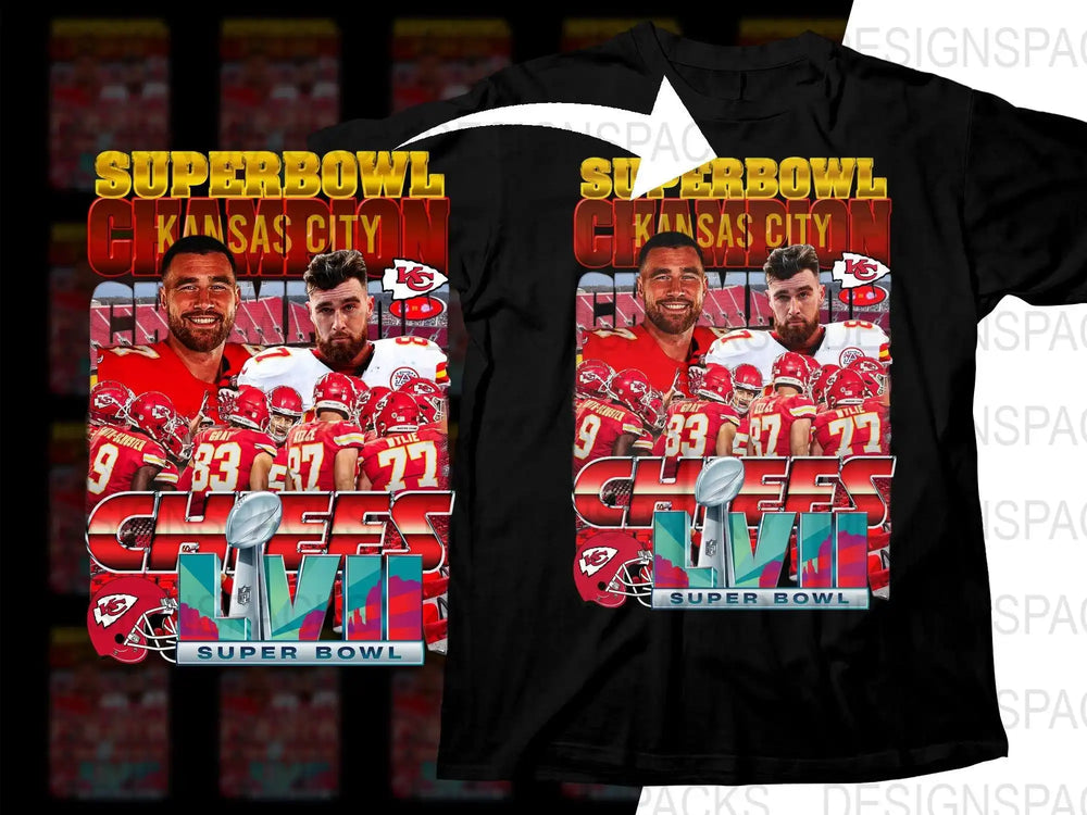 Kansas City Chiefs Super Bowl LVII Champions t-shirt design with team players and trophy