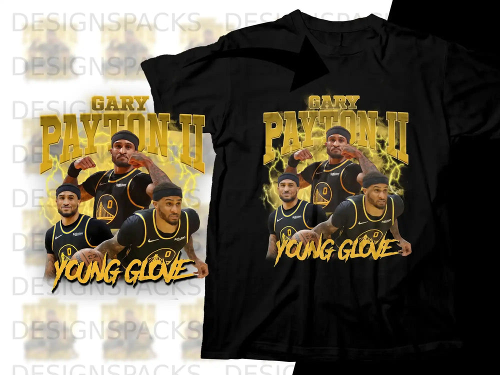 T-shirt with Gary Payton II "Young Glove" design and Warriors logo.