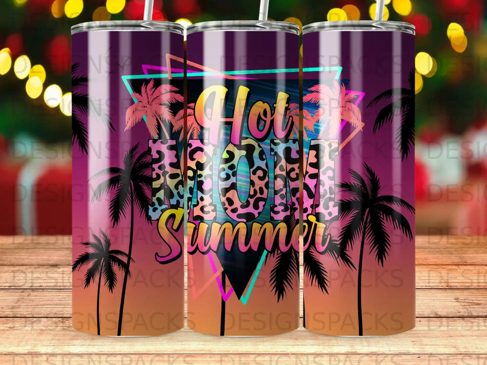 "Hot Mom Summer" text on a tumbler with palm trees and neon geometric shapes.