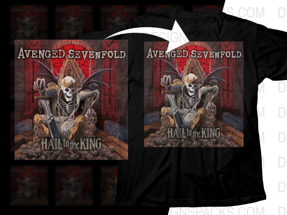 Avenged Sevenfold Hail to the King t-shirt design with skeleton king and skulls