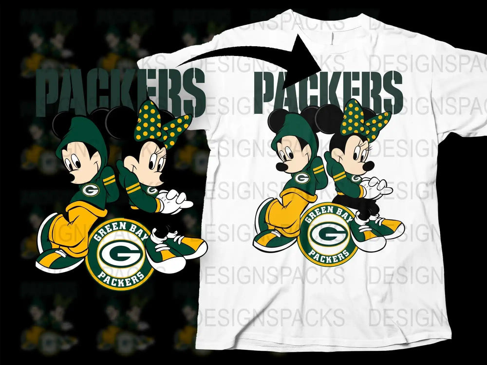 Mickey and Minnie in Green Bay Packers gear on a white t-shirt design