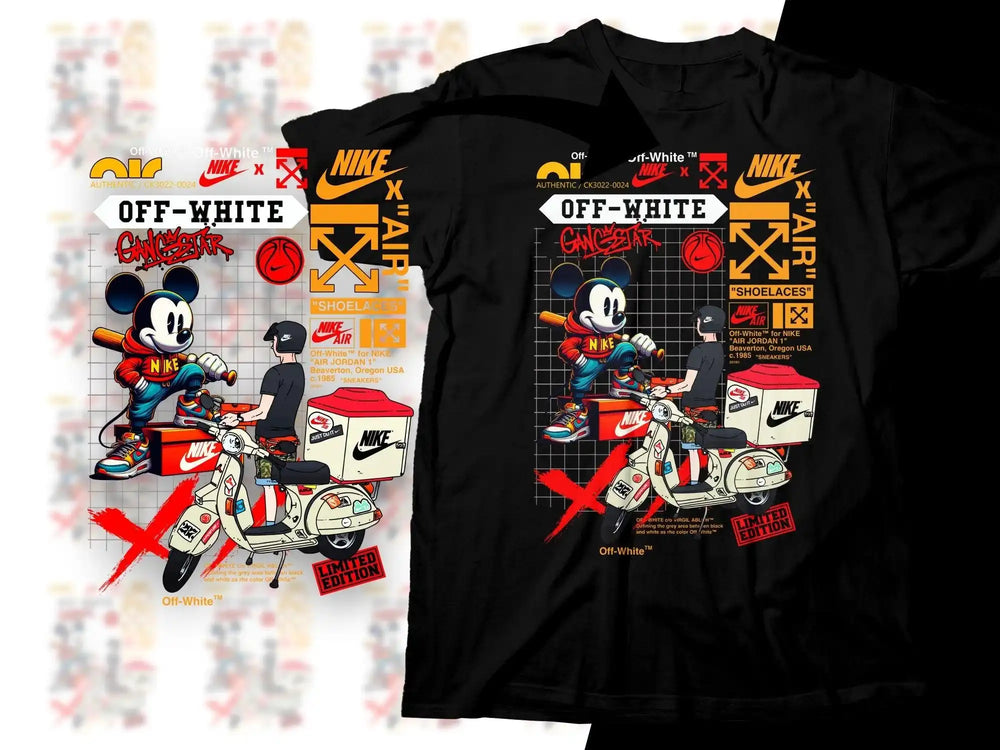 Mickey Mouse on scooter with Nike x Off-White™ streetwear graphic, print-ready t-shirt design