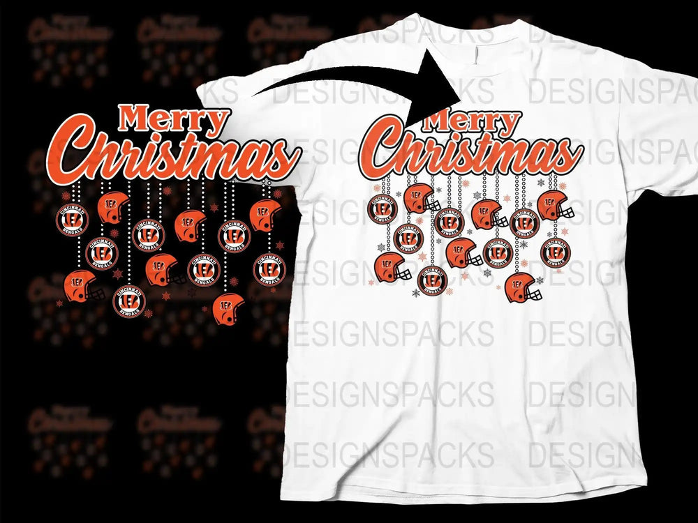 Merry Christmas Cincinnati Bengals football helmet design on white t-shirt, festive holiday print