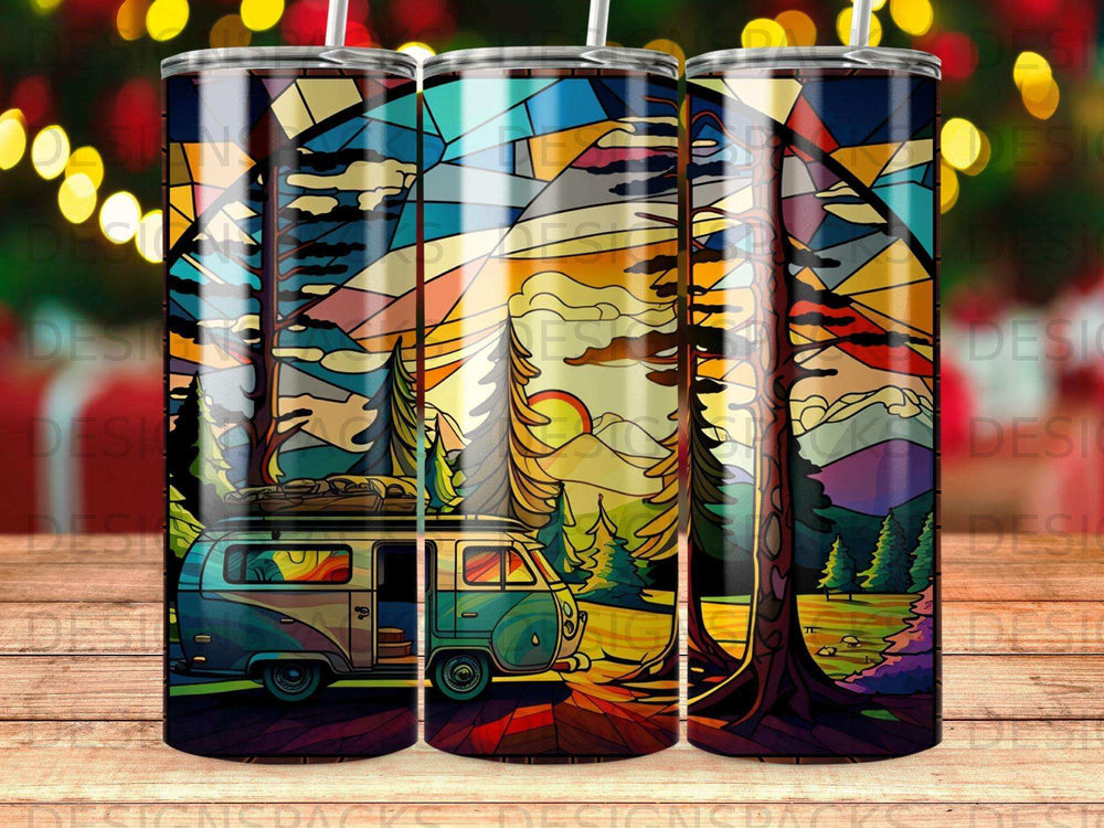 Stained glass-style van in a forest landscape with mountains and sunset.