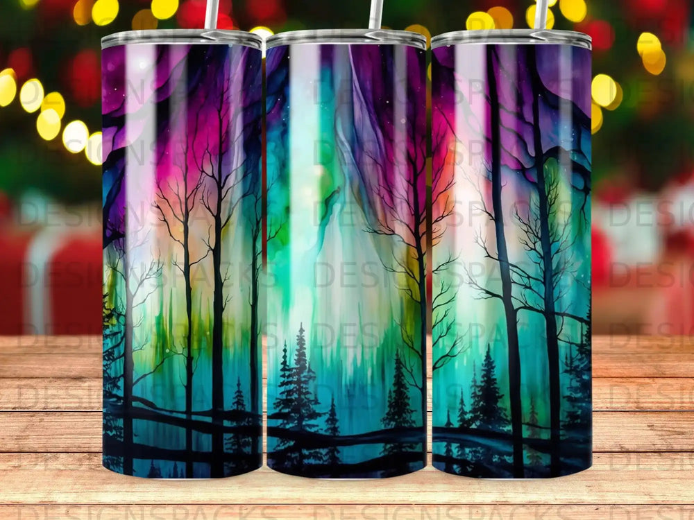 Colorful aurora borealis over silhouetted trees on a tumbler.