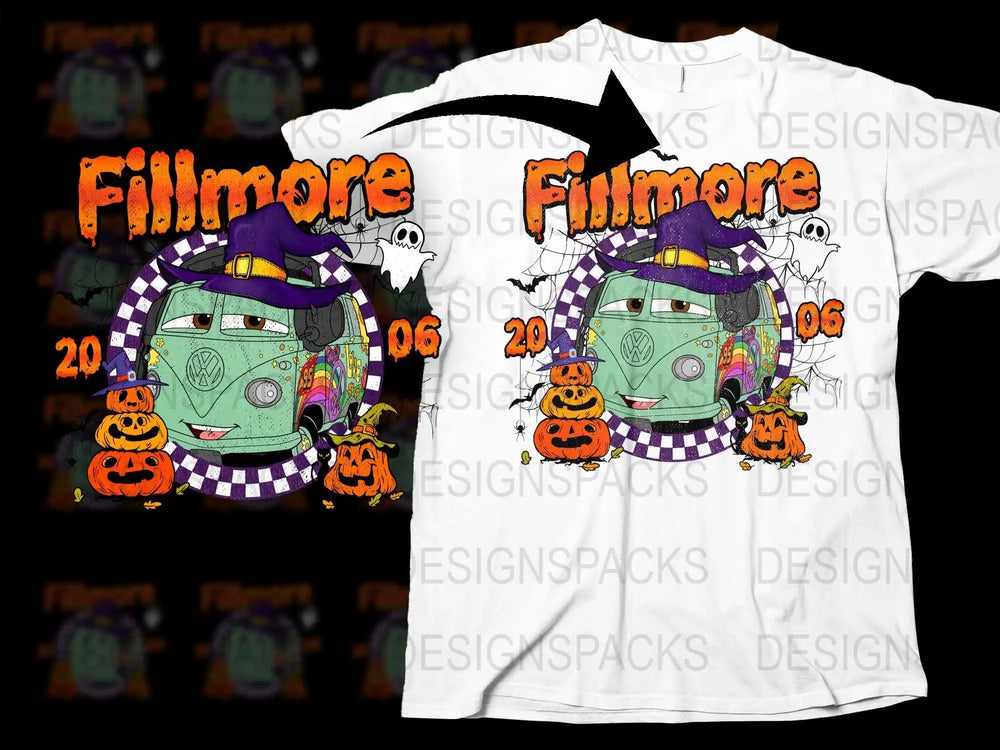 Halloween-themed VW van design with pumpkins, witch hats, and 'Fillmore 2006' text for t-shirts.