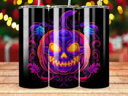 Purple glowing jack-o'-lantern with ornate swirl design on a black background.