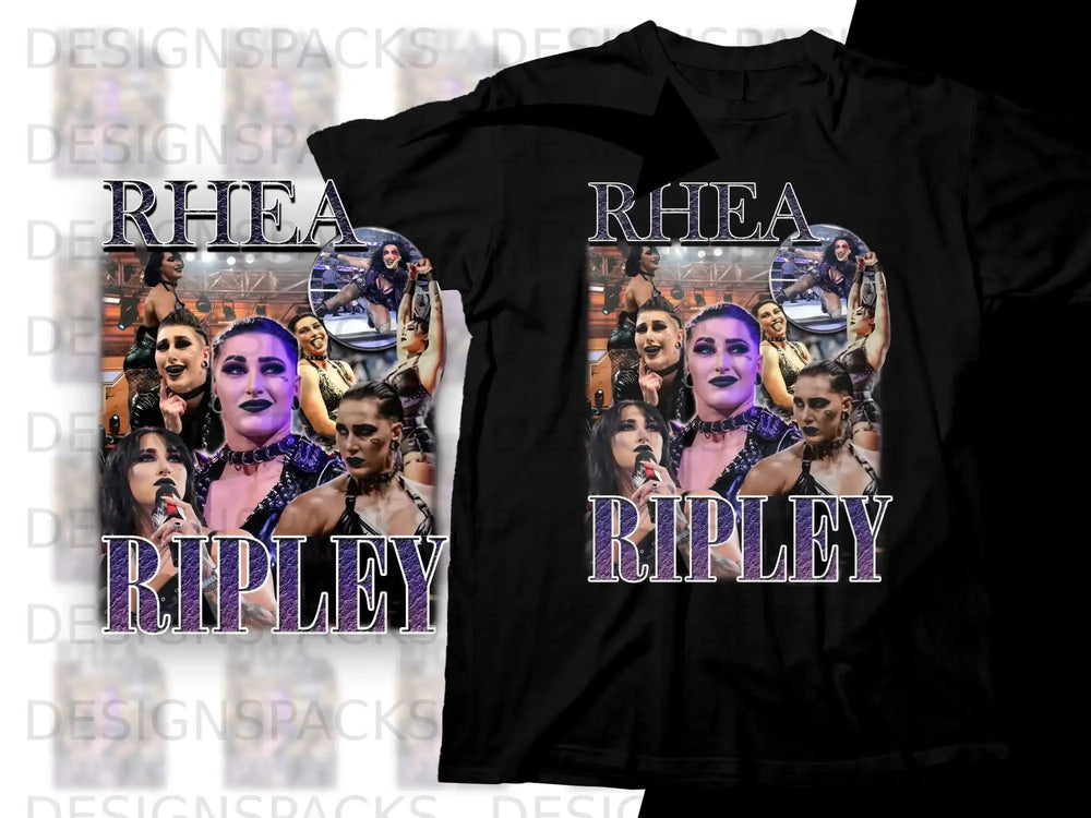 Black t-shirt featuring Rhea Ripley with "RHEA RIPLEY" text.