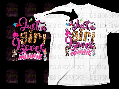 Just a girl who loves Minnie Mouse t-shirt design with glitter text, leopard print, and Disney characters