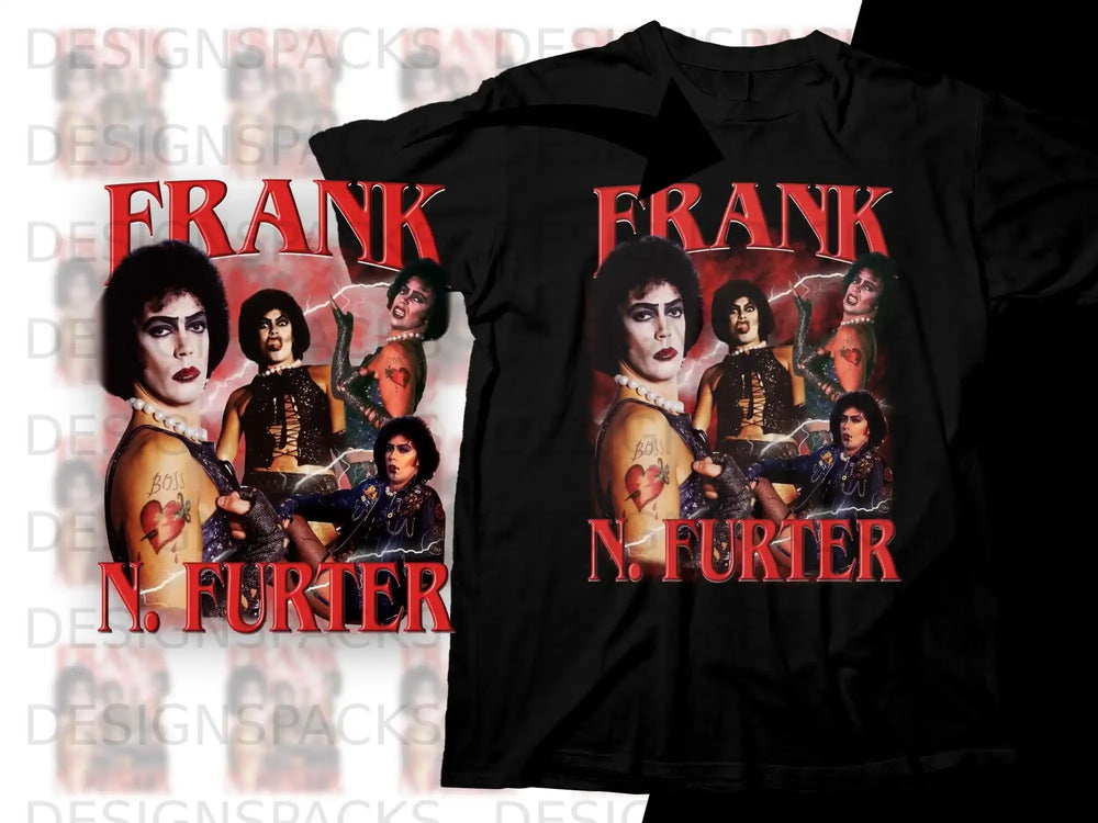 Frank N. Furter graphic on black t-shirt, from Rocky Horror Picture Show.