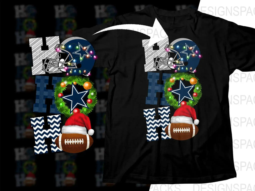 Football-themed Christmas design with helmet, wreath, and Santa hat on black T-shirt