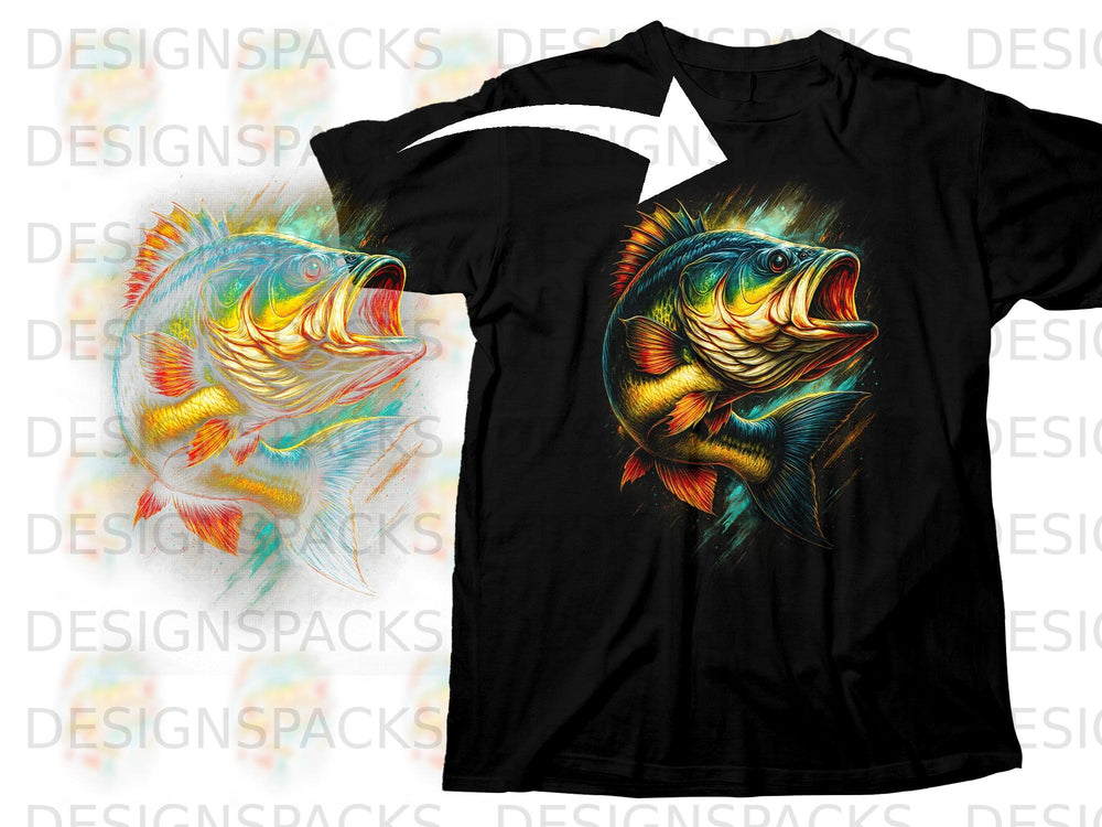 Black t-shirt featuring a vibrant, colorful graphic of a bass fish with an open mouth.