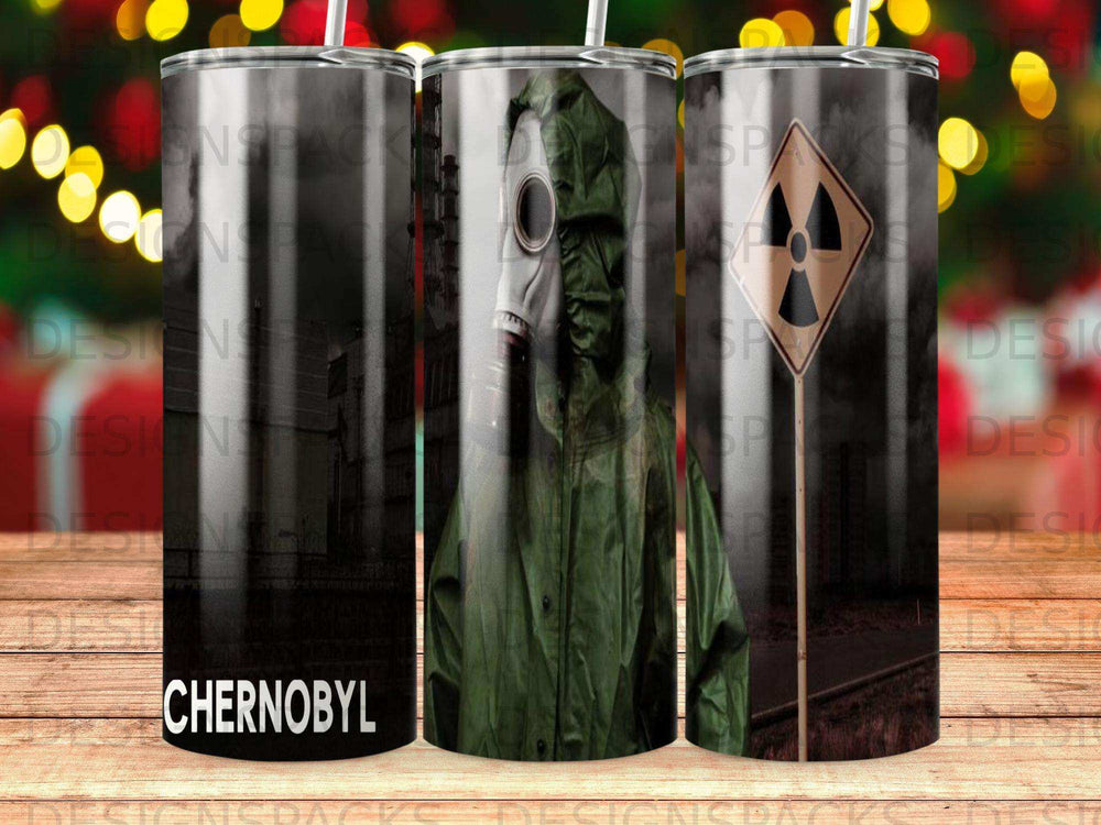 Chernobyl gas mask and hazmat suit design with text.