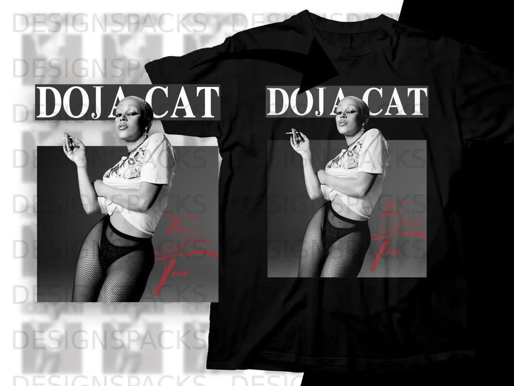 Doja Cat graphic t-shirt with text and model in black and white.