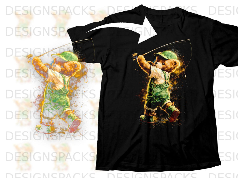 Teddy bear in overalls fishing on black t-shirt.