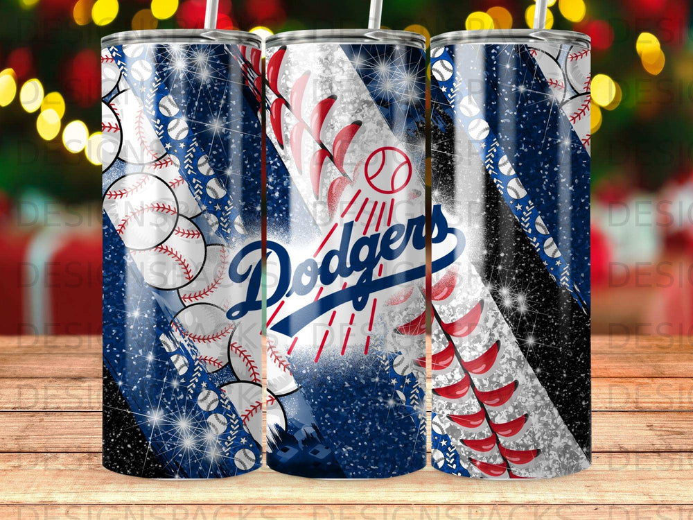 Dodgers baseball team logo on a blue and white sparkly tumbler.
