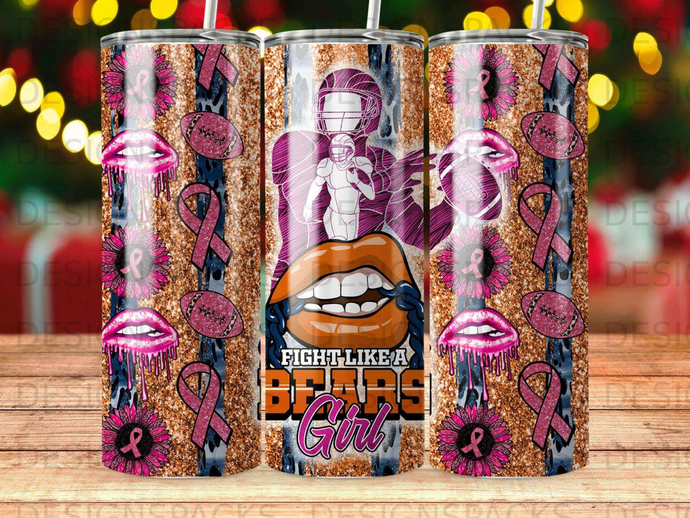 Tumbler with football player, lips, sunflowers, and pink ribbons.