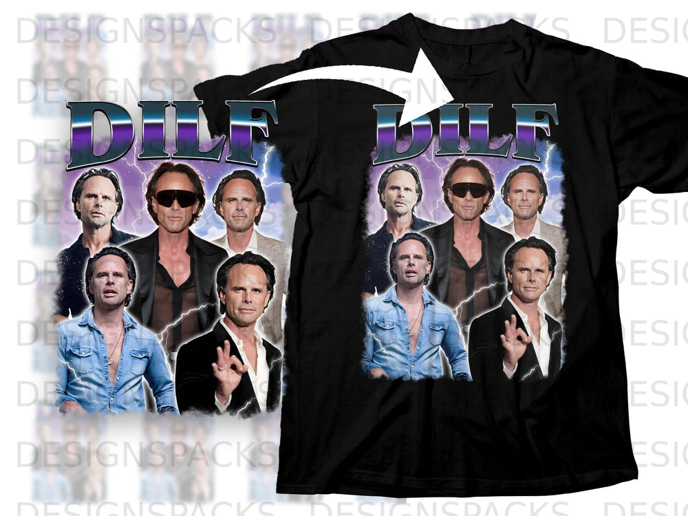 Black t-shirt with the word "DILF" and multiple images of actor Walton Goggins.