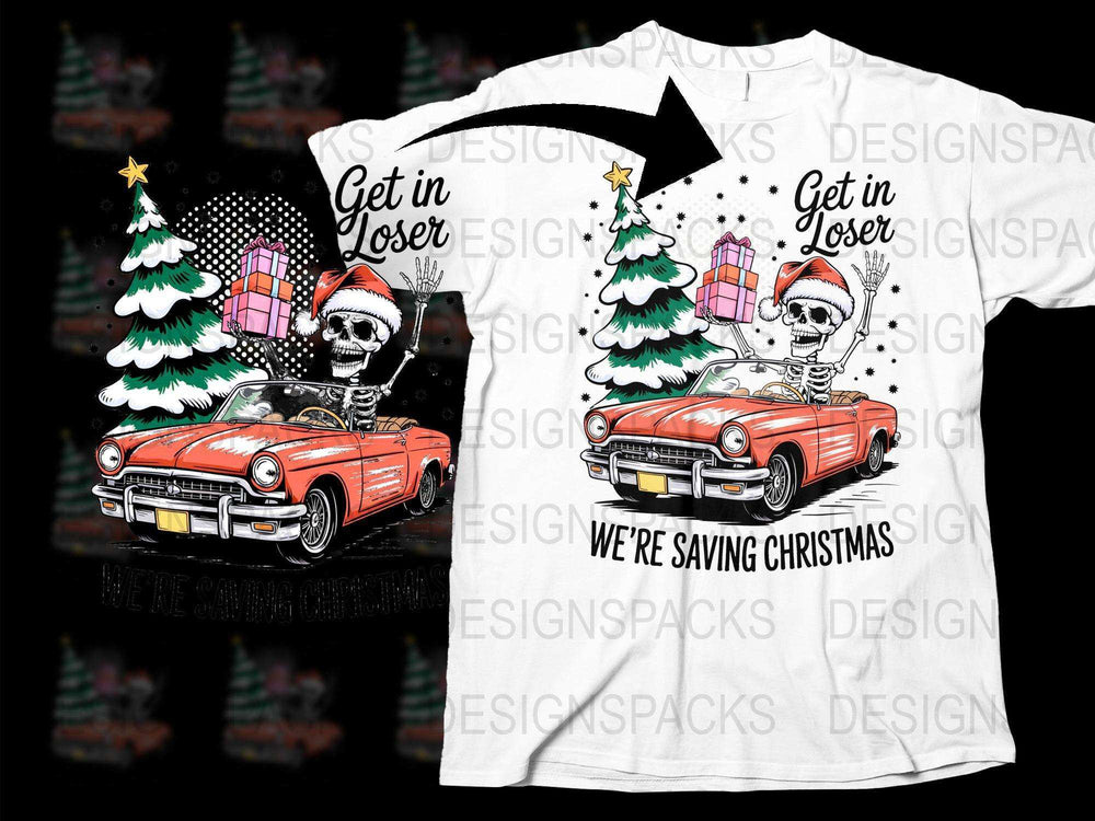 Get in Loser We're Saving Christmas T-Shirt, Vintage Car and Skeleton Graphic Tee, Holiday Apparel