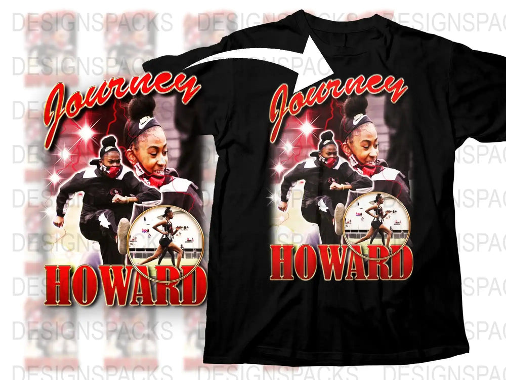 Black t-shirt with 'Journey Howard' design, featuring athletes in action, sparkles, and circular inset photo.