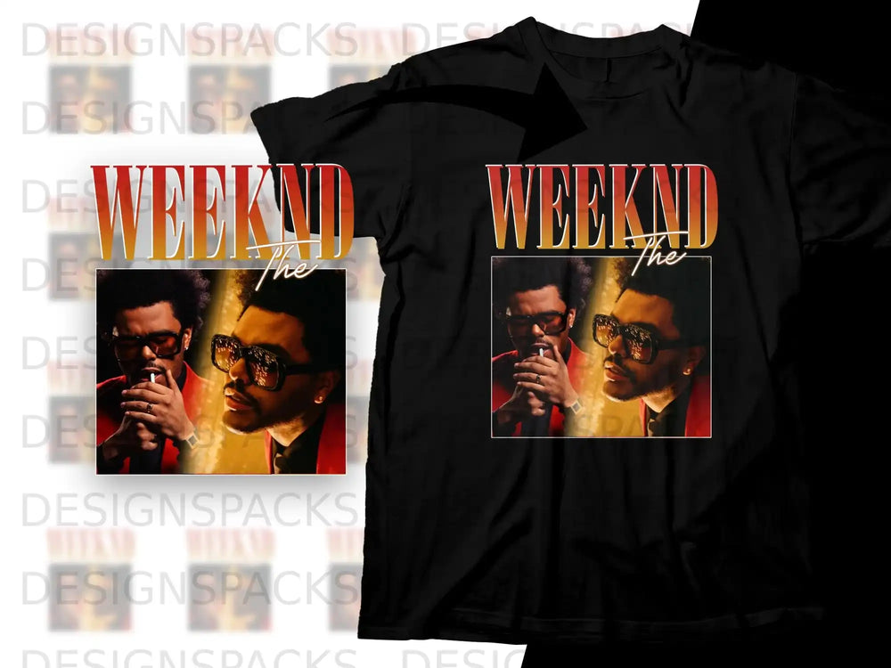 The Weeknd's "After Hours" album art on a black t-shirt.