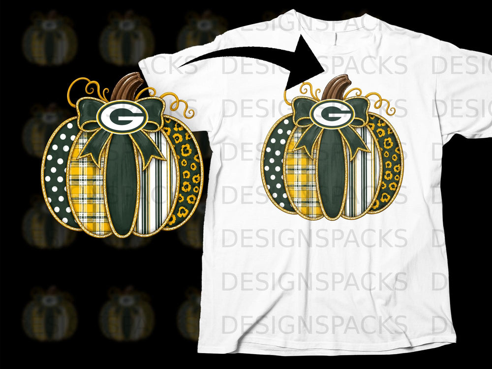 Pumpkin with Green Bay Packers logo and assorted patterns on a white t-shirt.