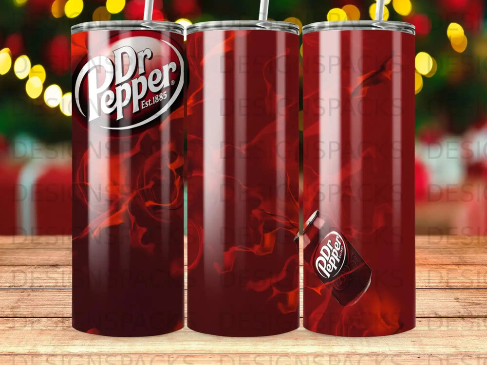 Dr Pepper logo on a patterned tumbler with red and green bokeh lights.