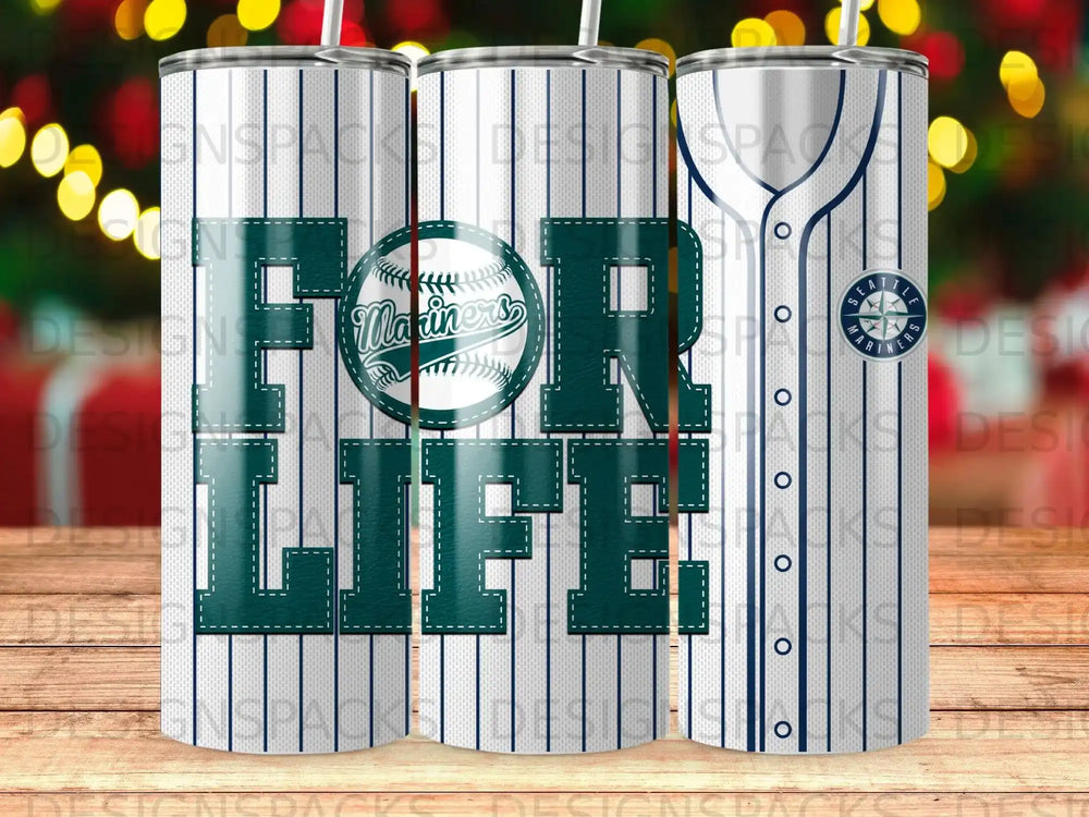 Seattle Mariners "For Life" baseball-themed tumbler with pinstripes.