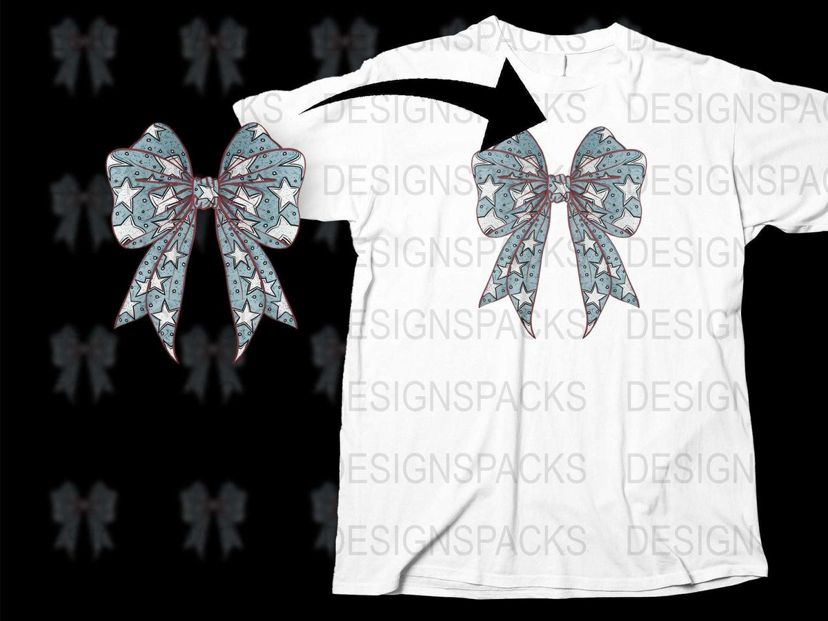 Men's White T-Shirt with Blue Bow Print, Casual Graphic Tee, Unique Bow Design Shirt