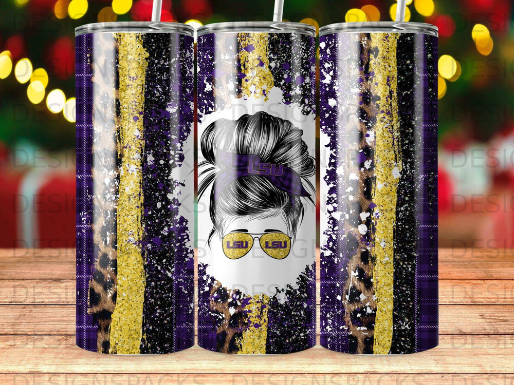 Tumbler with LSU logo, leopard print, and purple and gold stripes.