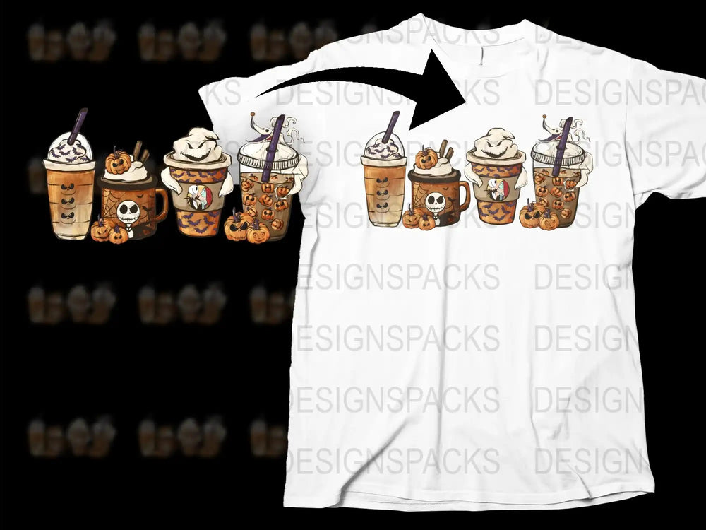 Halloween Themed T-Shirt with Cute Pumpkin Spiced Latte Designs, Autumn Coffee Lover Gift