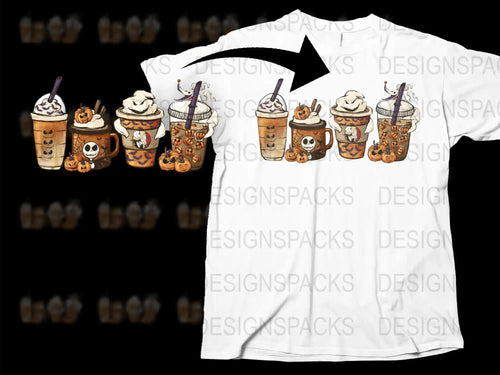 Halloween Themed T-Shirt with Cute Pumpkin Spiced Latte Designs, Autumn Coffee Lover Gift