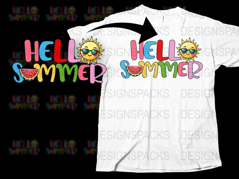 Hello Summer T-Shirt, Fun Sun and Watermelon Graphic, Casual Beach Tee, Unisex White Top