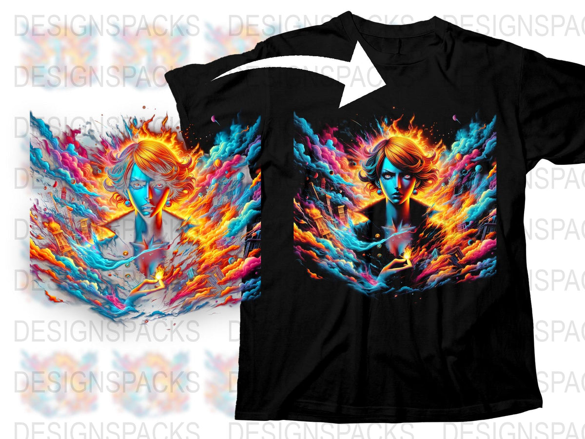Vibrant Flame Art T-Shirt, Abstract Graphic Tee, Colorful Splash Design, Unisex Fashion Top, Unique Artistic Apparel