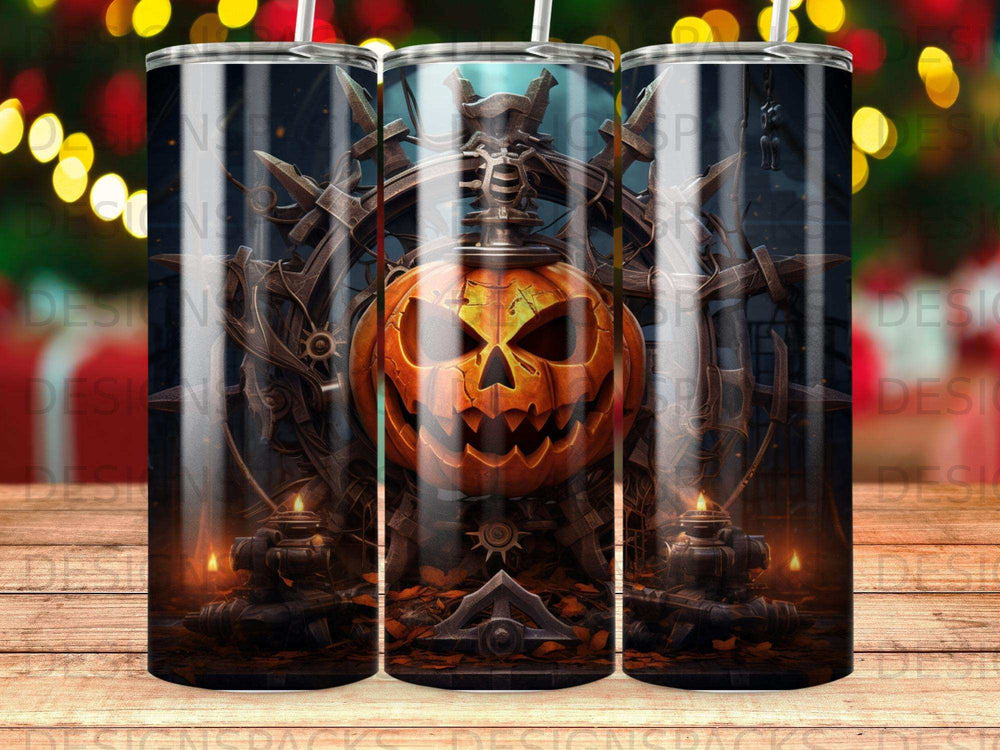 Halloween pumpkin tumbler with spooky gears and candles.