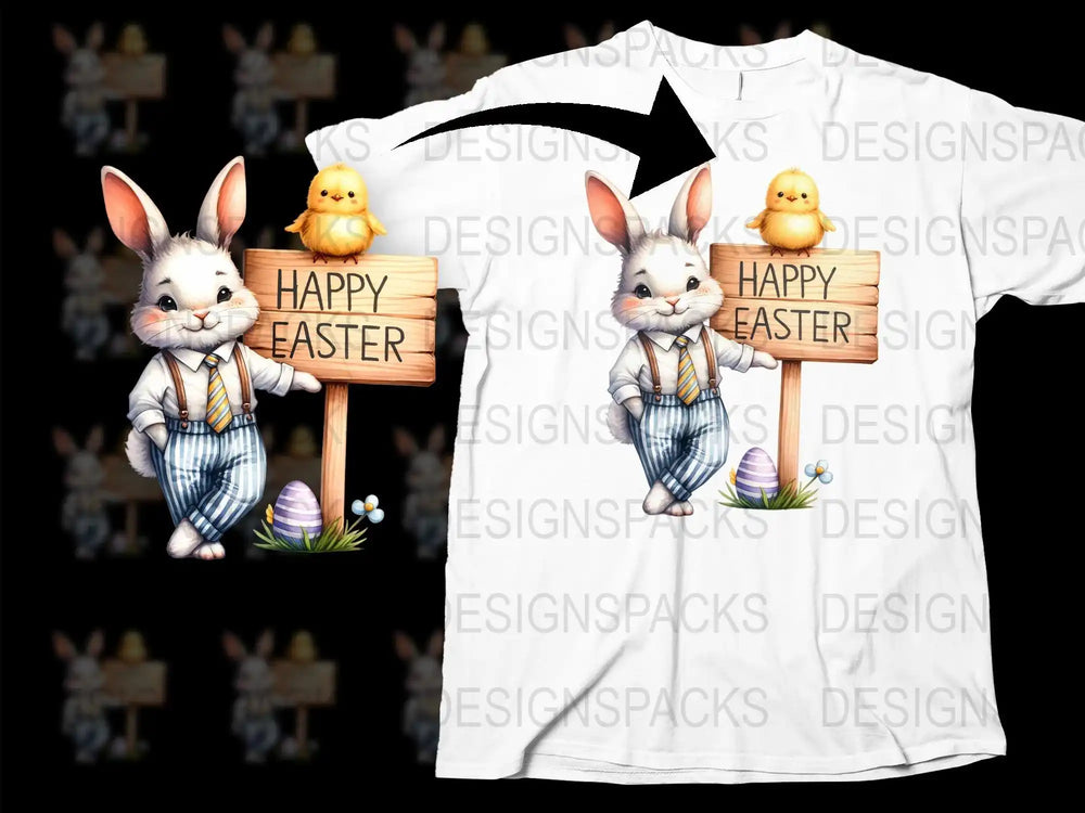 Easter bunny with chick and 'Happy Easter' sign on white t-shirt design