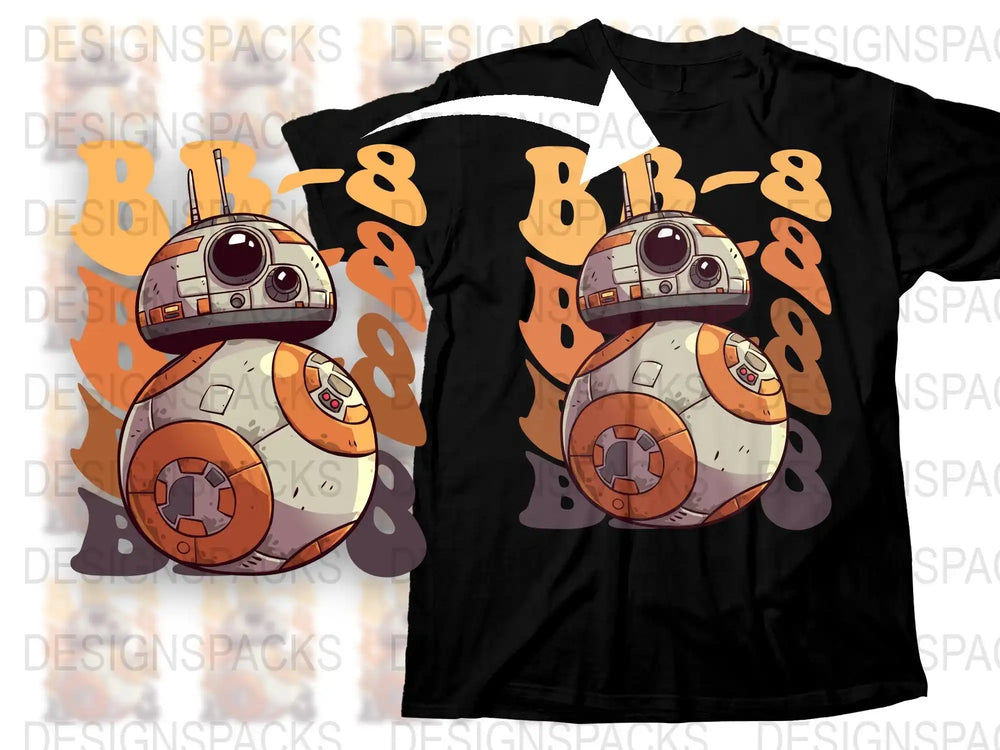 BB-8 droid design on black t-shirt, print-ready for DTG or DTF