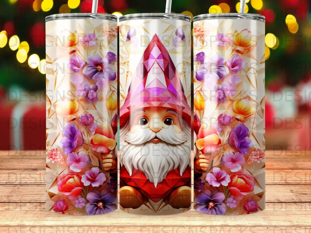 Gnome holding candles surrounded by colorful flowers and geometric patterns.